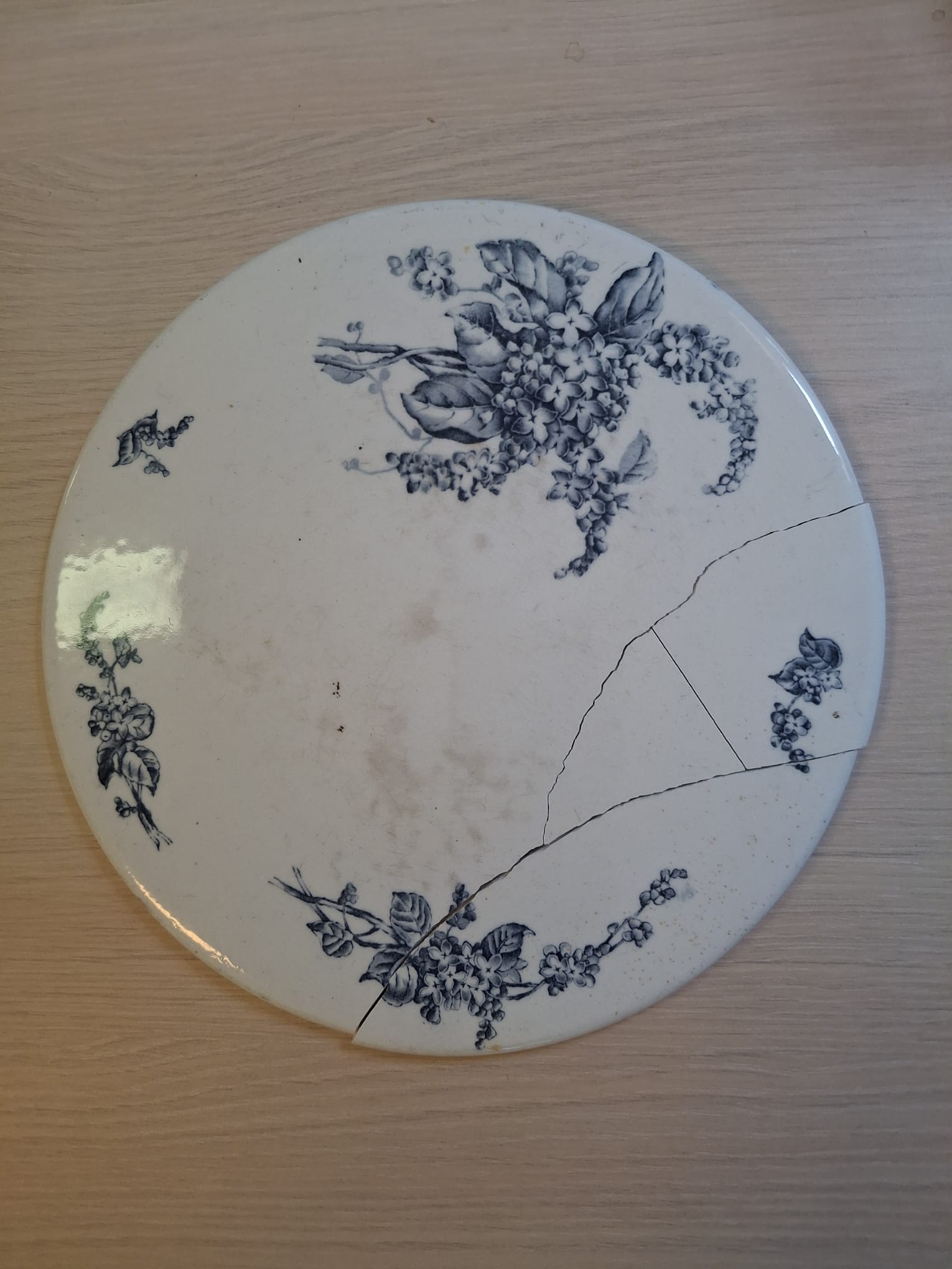 Plantentafel met gebroken keramieken blad van Regout Meibloem