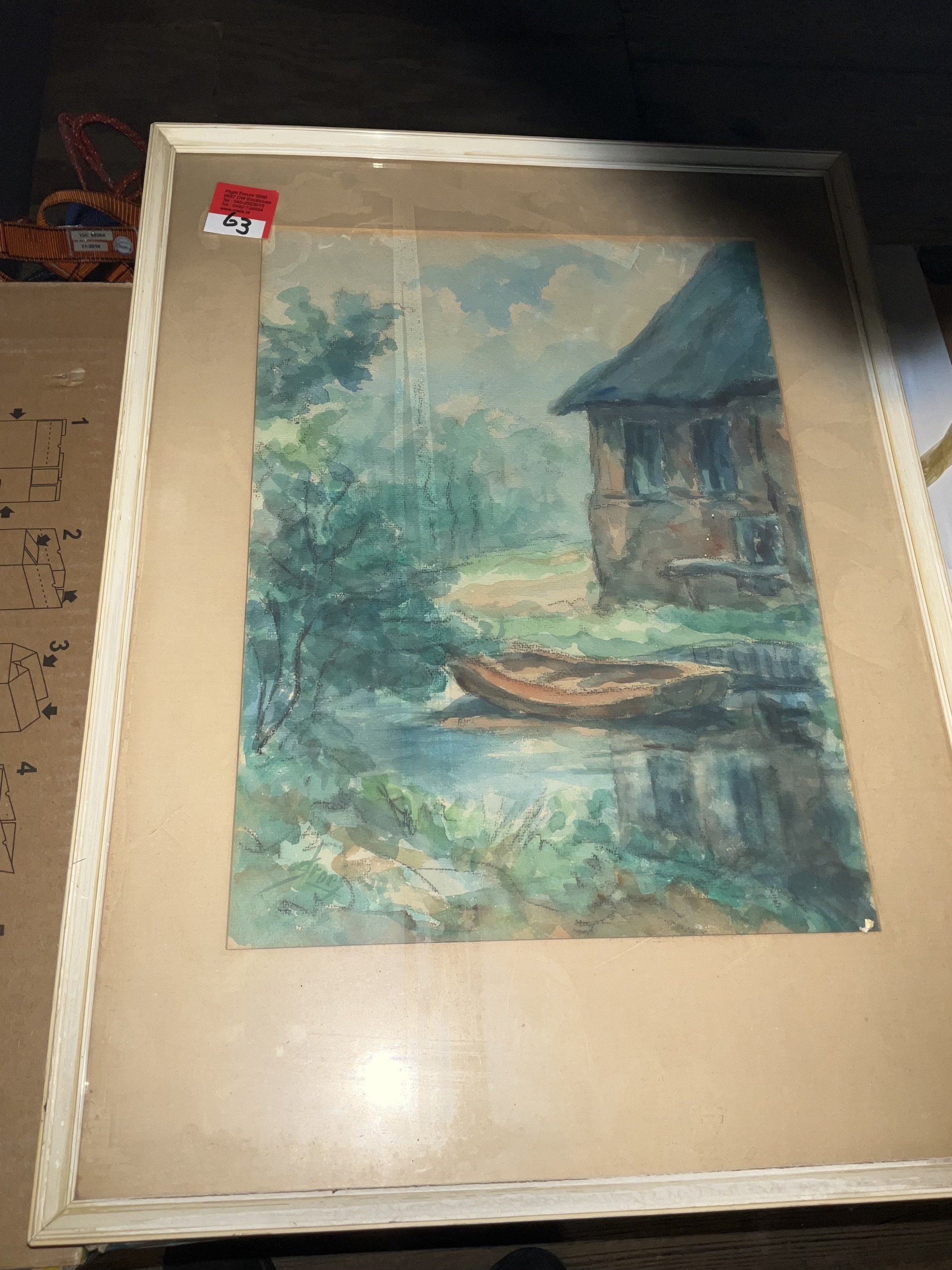 Onleesbaar, in archief vermeld als “Stroes” – Gezicht op water met bootje (6-2000-145)