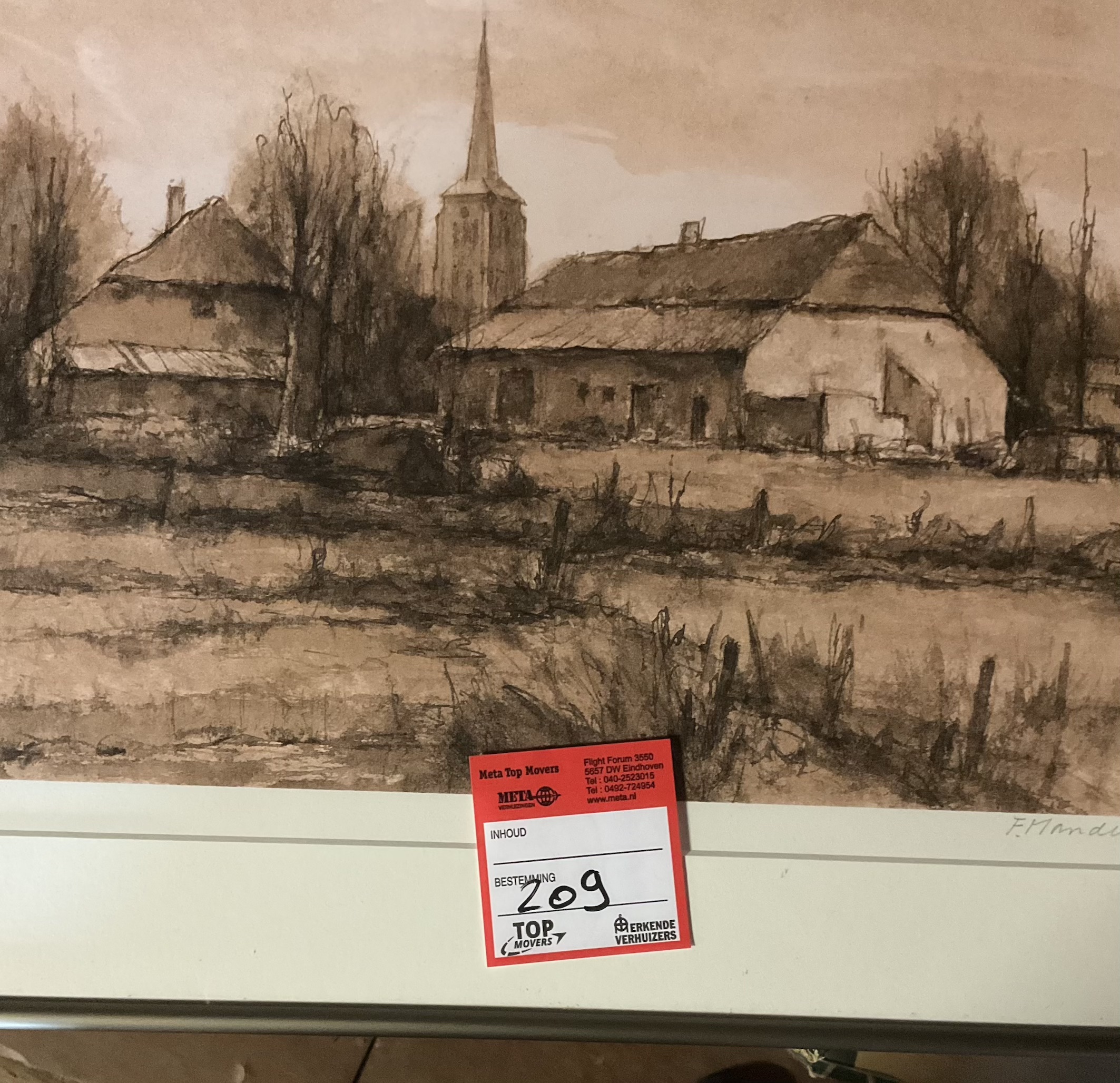 Frans Manders (1939) – Boerderij met kerktoren op achtergrond (555)