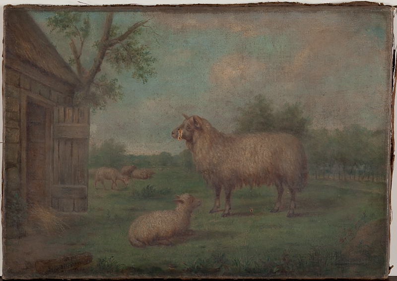 Schilderij van schuur met vijf schapen, door H. L. B. Hoven